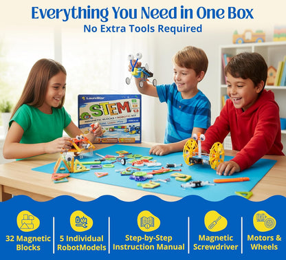 6-in-1 STEM Robotics Kit for Kids 6-12 – Build 5 Real Moving Robots + 32 Magnetic Blocks, Engineering Science Toy with Tools, Educational Gift Set for Boys & Girls