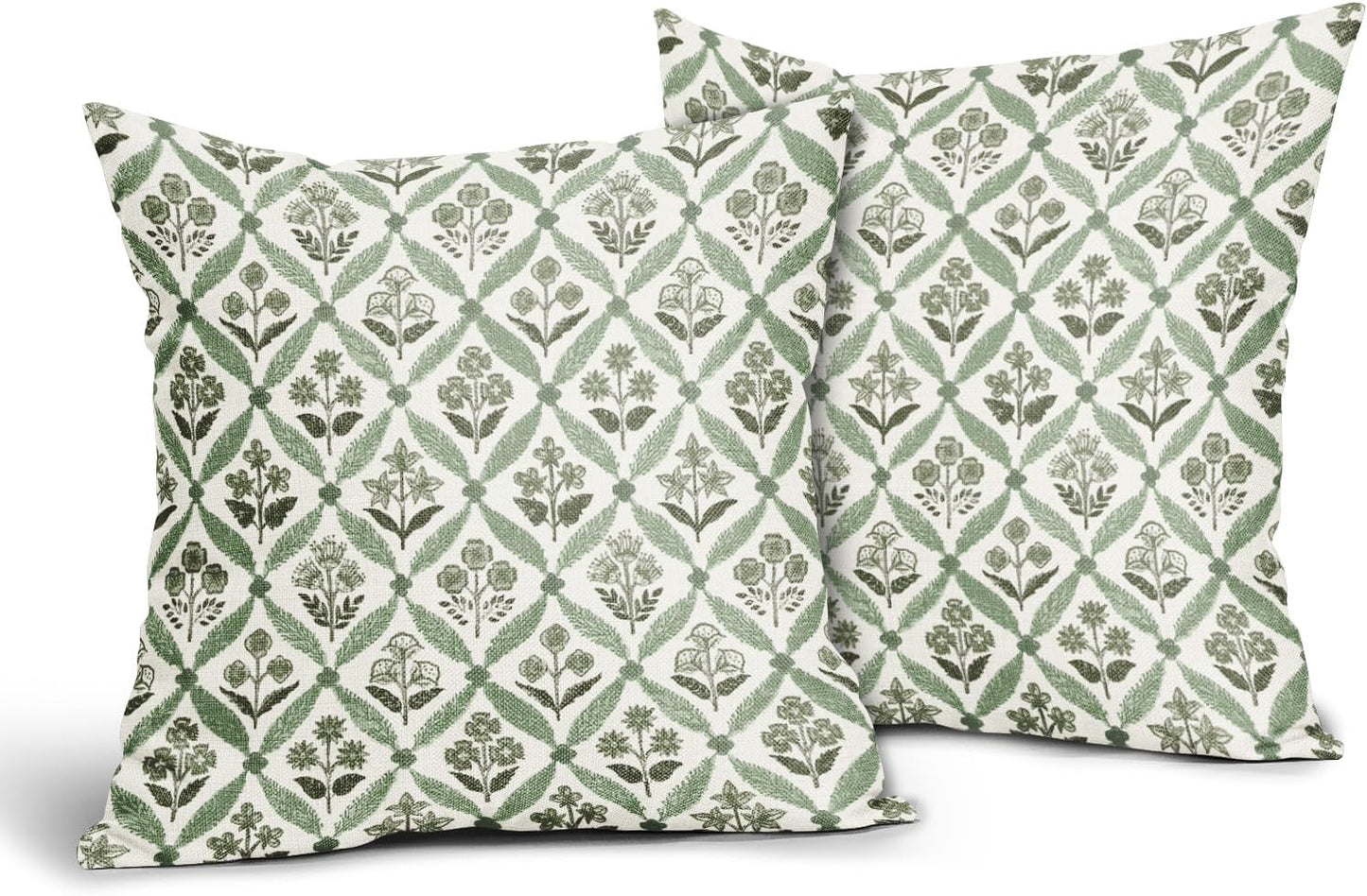 Blue Green Floral Block Print Pillow Covers 12X20 Set of 2, Flower Pattern Spring Summer Print Decorative Throw Pillow Covers Outdoor Farmhouse Seasonal Cushion Case Couch Sofa Bed Decor