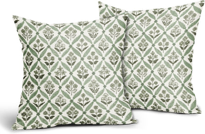 Blue Green Floral Block Print Pillow Covers 12X20 Set of 2, Flower Pattern Spring Summer Print Decorative Throw Pillow Covers Outdoor Farmhouse Seasonal Cushion Case Couch Sofa Bed Decor