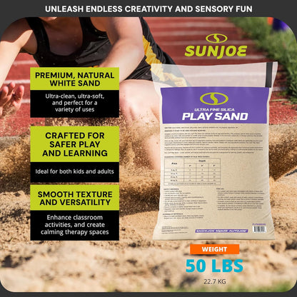 Sun Joe Silica Play Sand for Sandbox, Sensory Table & Gardens, Ultra Fine, 50 Lb Bag - Indoor & Outdoor Craft Accessory for Molding, Digging & Sculpting, PLYSAND50