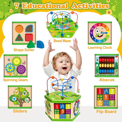 Wooden Activity Cube for 1 Year old, 12-18 Month Boys & Girls, 7-in-1 STEM Montessori Early Developmental Learning Toys for Kids Aged 1-2, Ideal 1st Birthday Gift Toys for Baby, Toddlers (Green)