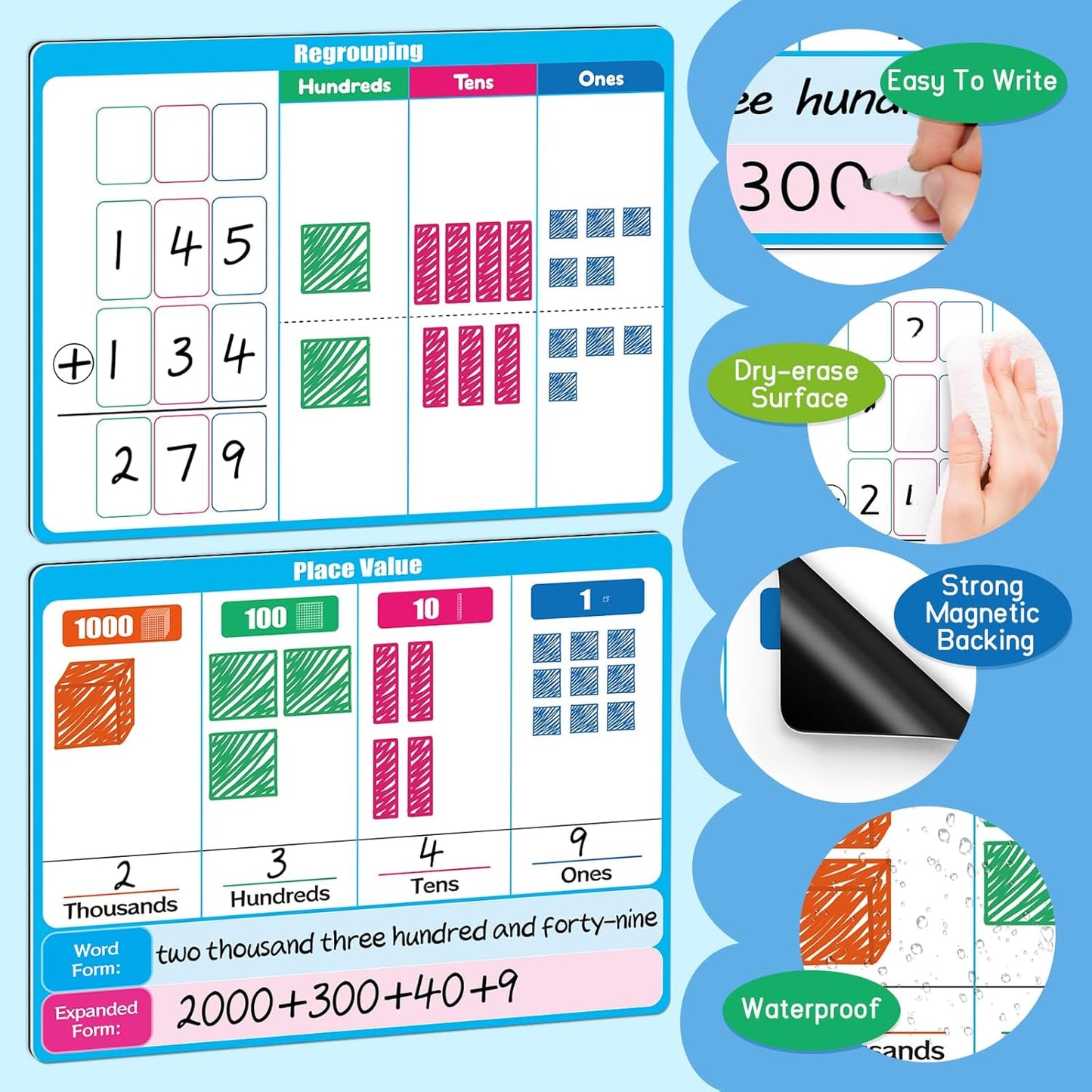 Giant Magnetic Place Value Chart Addition and Subtraction Learning Math Games, Dry Erase Base Ten Blocks Board Math Manipulatives 1st 2nd 3rd Grade Homeschool Teacher Classroom Must Haves
