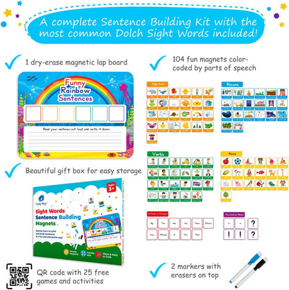 104 PCS Sentence Building for Kids, Sentence Building Magnets Kit, Learn to Read, Speech Speak Spell Games, Kids Vocabulary Builder, Sentence Building Games, Sight Word Magnets Games - Simply Magic