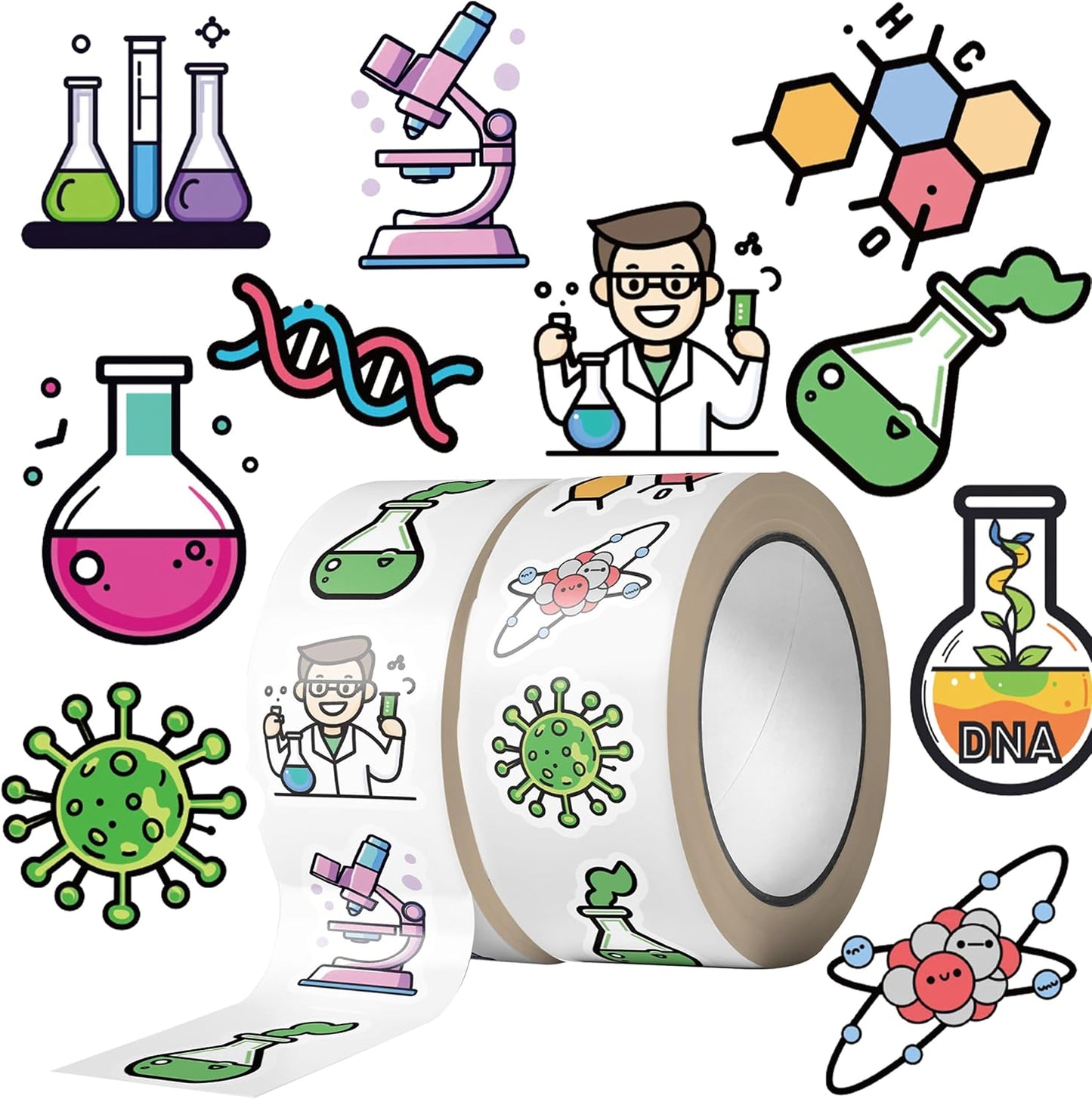 Chemistry Stickers Roll for Kids, Science Lab Experiment Stickers, 1000PCS 2 Rolls Chemical Lab Reward Labels, 10 Styles Classroom Teacher Supplies STEM Party Favors