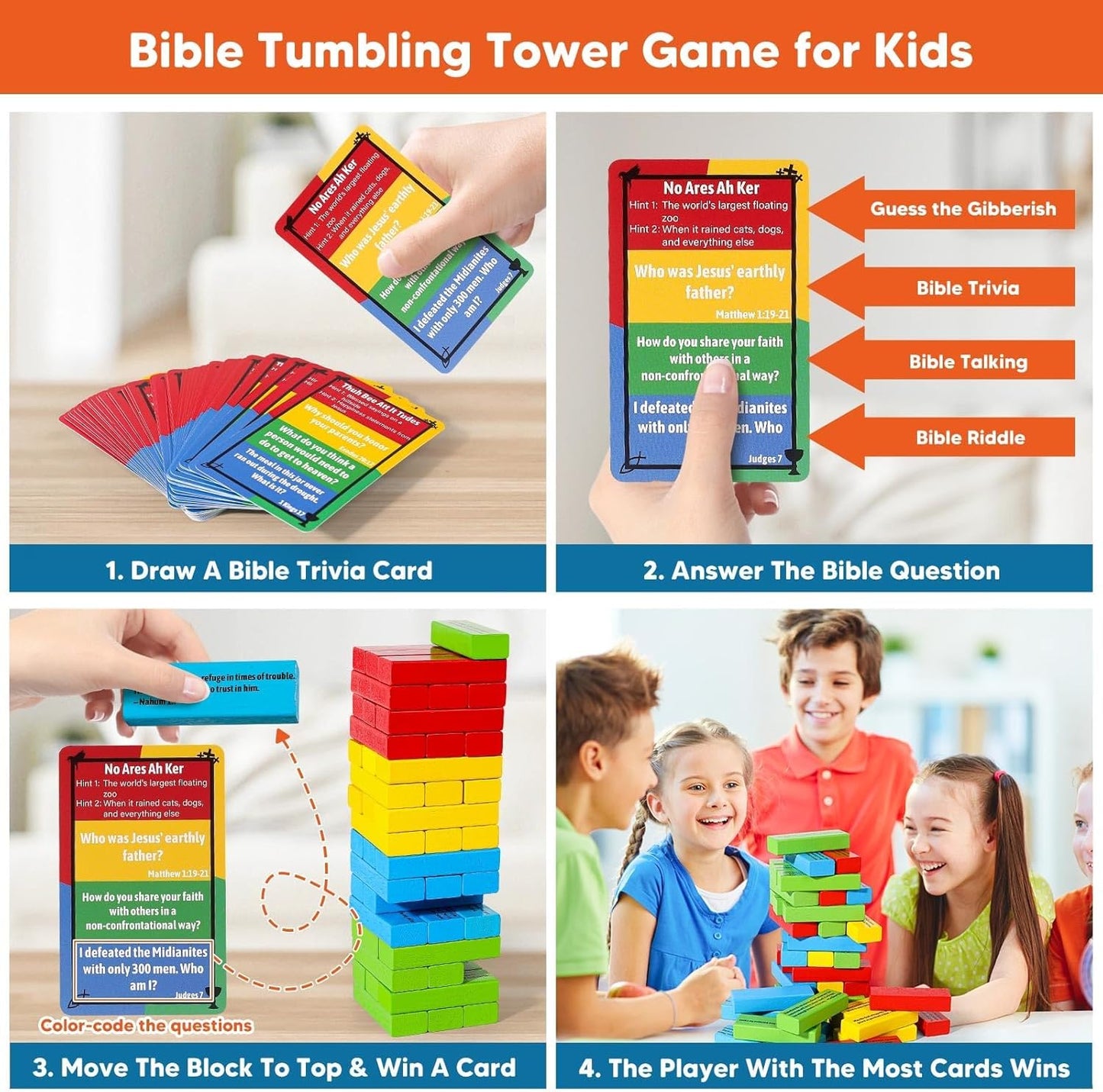 Garybank Faith Tower Bible Games for Kids, Blocks with Verse, 66 Bible Trivia Cards W/ 260+ Biblical Questions, Bible Study Supplies for Youth Group, Sunday School & Family, Christian Gifts