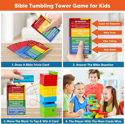 Garybank Faith Tower Bible Games for Kids, Blocks with Verse, 66 Bible Trivia Cards W/ 260+ Biblical Questions, Bible Study Supplies for Youth Group, Sunday School & Family, Christian Gifts