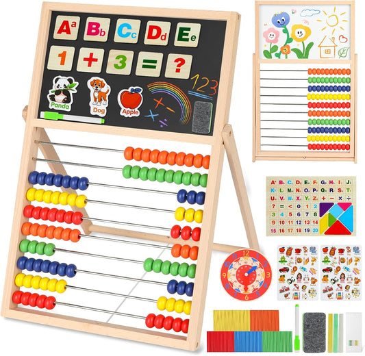 Wooden Abacus for Kids Math – Double-Sided Drawing Board with 100 Counting Sticks, 3 Sets Cards, Clock & Accessories, Educational Learning Toy for Ages 3-8, Homeschool & Preschool Essentials