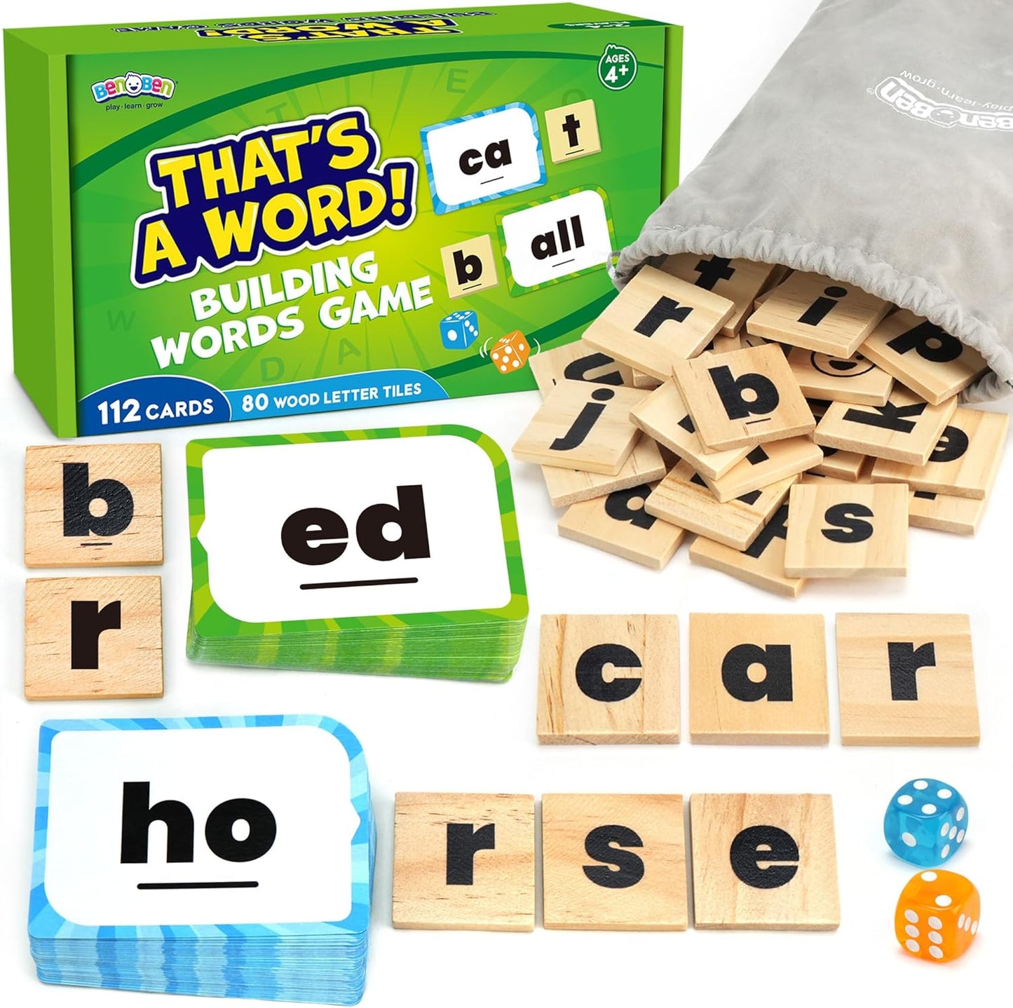 BenBen Family Spelling Games with 112 Flash Cards & Wooden Letter Tiles, CVC Sight Word Building Phonics Game for Kids Ages 4+ & Adults, 1–4 Players, Learning Toys for Home or Classroom