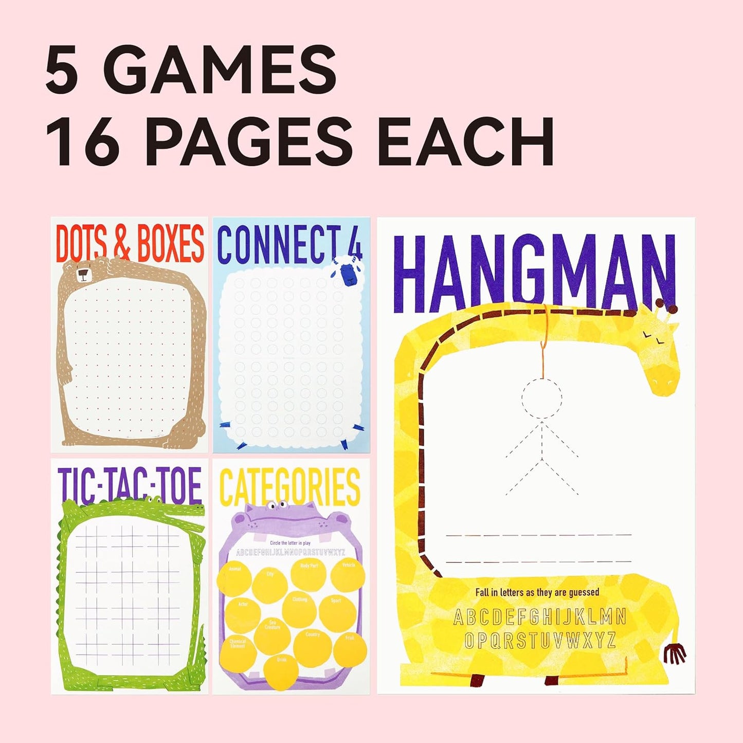 Dotimo Travel Games for Kids Ages 3+, 90-Page Activity Book with Hangman & 5 Classic Games, Screen-Free Road Trip Essentials, 6"x9" Tear-Out Sheets