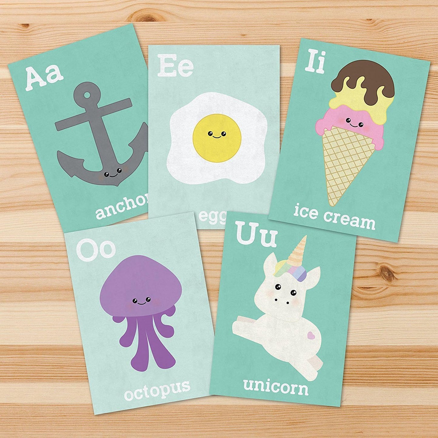 Children Inspire Design Baby Room Decor 16x20 Inch Print, Display Kids Artwork, Cute Room Decor, Vowels Wall Cards, Educational Flash Cards, Mint Green Decor Nursery