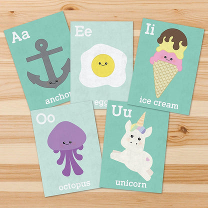 Children Inspire Design Baby Room Decor 16x20 Inch Print, Display Kids Artwork, Cute Room Decor, Vowels Wall Cards, Educational Flash Cards, Mint Green Decor Nursery