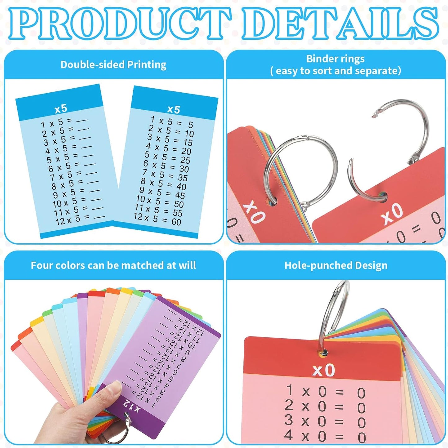 Geyee 52 Pieces Multiplication Flash Cards Times Table Card for 1st to 3rd Grade Kids with 4 Dry Erase Markers and 4 Rings Set Math Flash Cards Educational Times Table Flashcards Learning Supplies