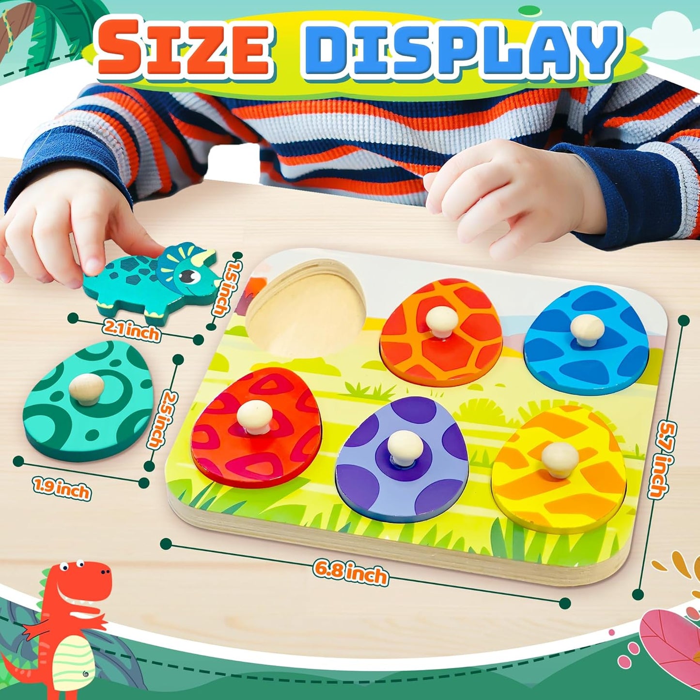 Dinosaur Wooden Puzzles for Toddlers 1-3 Year Old, Matching Eggs Peg Puzzle Gifts for Babies Fine Motor Skill Montessori Toys for Baby 12-18 Months Boys Girls Valentine Gift Easter Basket Stuffer Gift