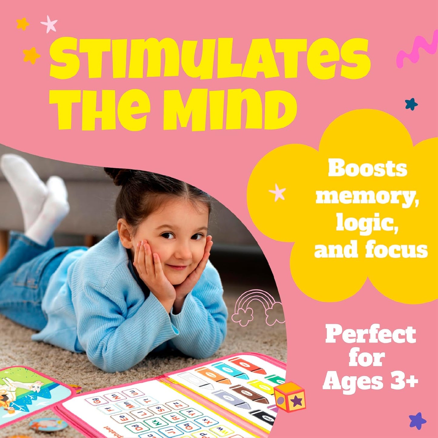 Ibenji Montessori Busy Book for Toddlers – Sensory Learning Toy with Zippers, Buckles, Letters, Numbers & Puzzles – Travel Quiet Book for Airplane & Car