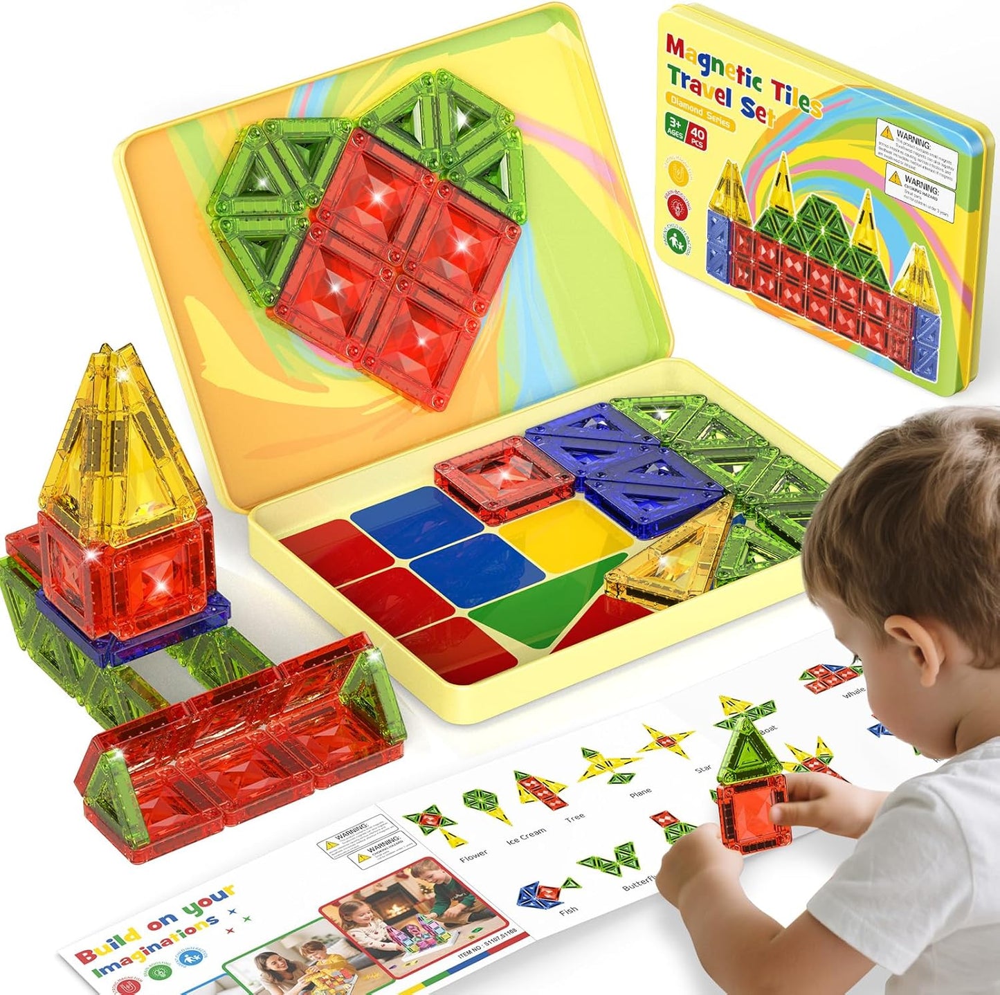 Magnetic Tiles for Kids Ages 4-8, Magnetic Blocks Travel Set with Diamond Surface & Metal Storage Box, 60PCS STEM Learning Toys, Educational Building Gifts for 3-8 Year Olds