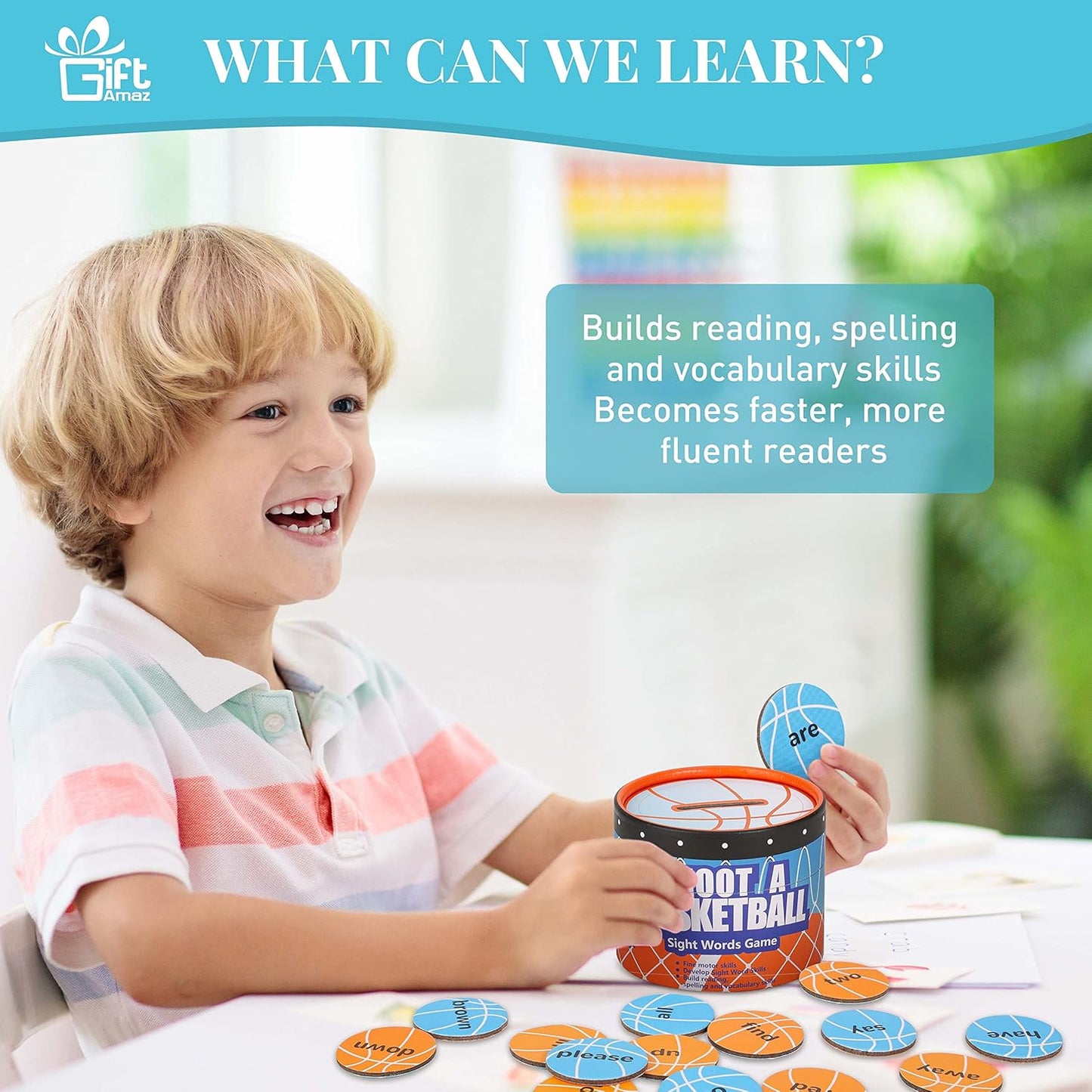 GiftAmaz Sight Words Games, Basketball Flash Cards Letters Learning Game, Toddler Classroom Reading Letters Phonic Spelling Toy, Montessori BoxInPlay, Educational Cardboard Birthday Toy for Kid