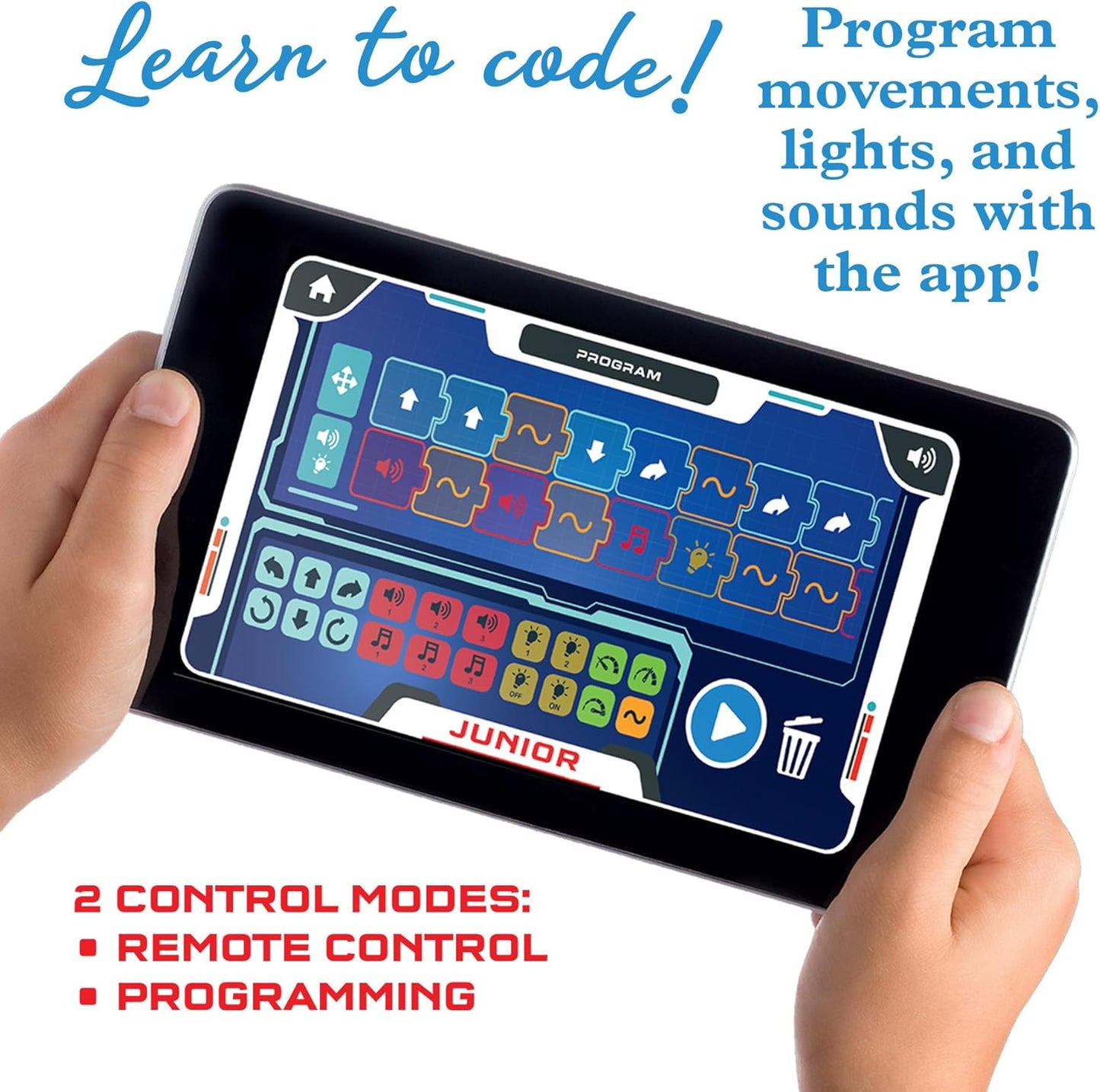Thames & Kosmos Robotics Smart Machines Junior STEM Kit, Build & Code Your Robot’s Movements, Speed, Lights & Sounds, for Ages 8+, Use Screen-Free w/Built-in Buttons or via Block-Based Coding App