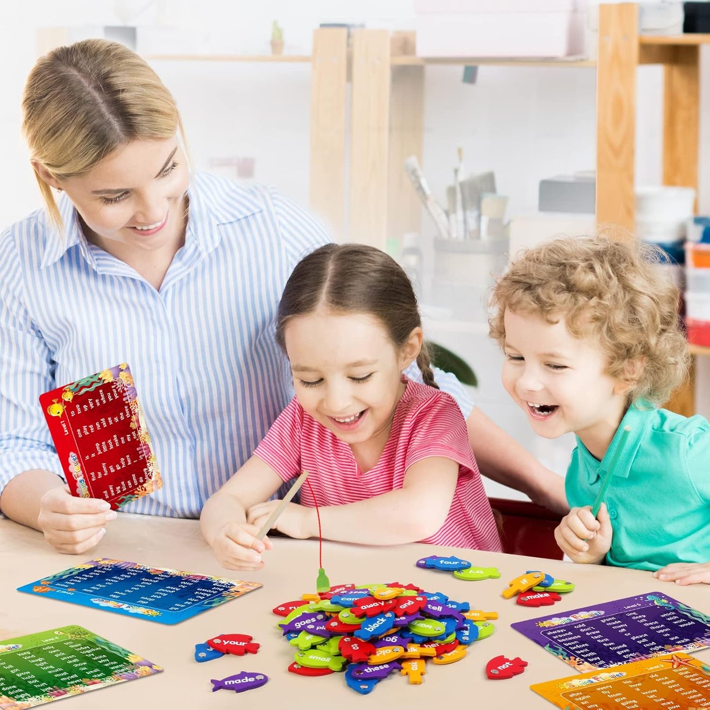 SpringFlower Wooden Magnetic Sight Word Fishing Game, Sight Word Educational Toy for Age of 3,4,5,6 Year Old Kids, Boys & Girls,Homeschool,Visual, Tactile and Auditory Learning