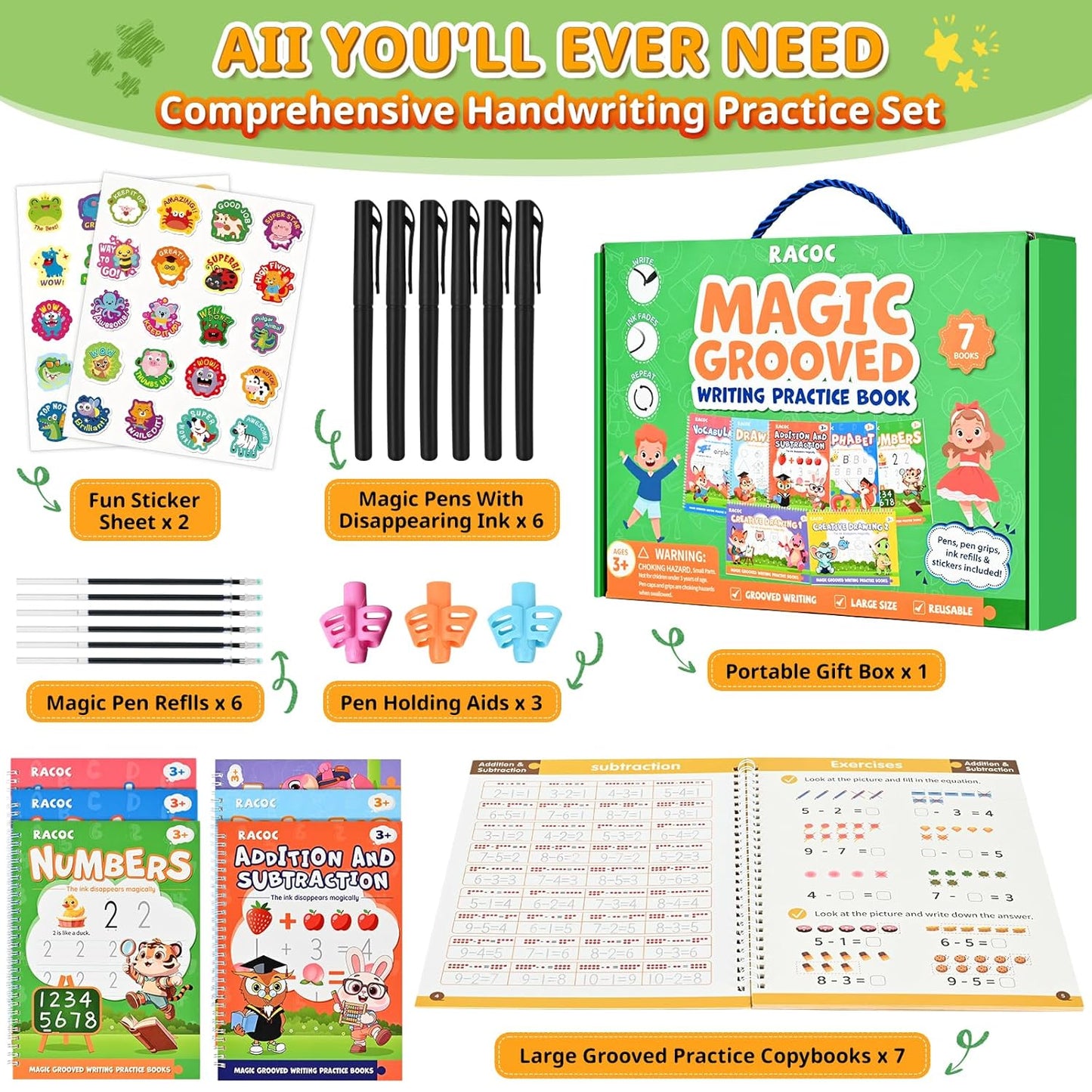 Magic Grooved Writing Practice for Kids, 7 Pack Reusable Grooved Handwriting Workbooks 6 Pens and 6 Refills for Ages 3-5 Kids, Large Writing Practice Books for Preschool Learning Activities