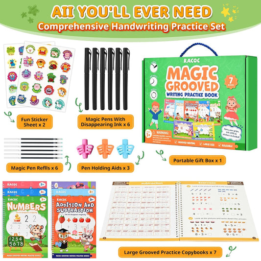 Magic Grooved Writing Practice for Kids, 7 Pack Reusable Grooved Handwriting Workbooks 6 Pens and 6 Refills for Ages 3-5 Kids, Large Writing Practice Books for Preschool Learning Activities