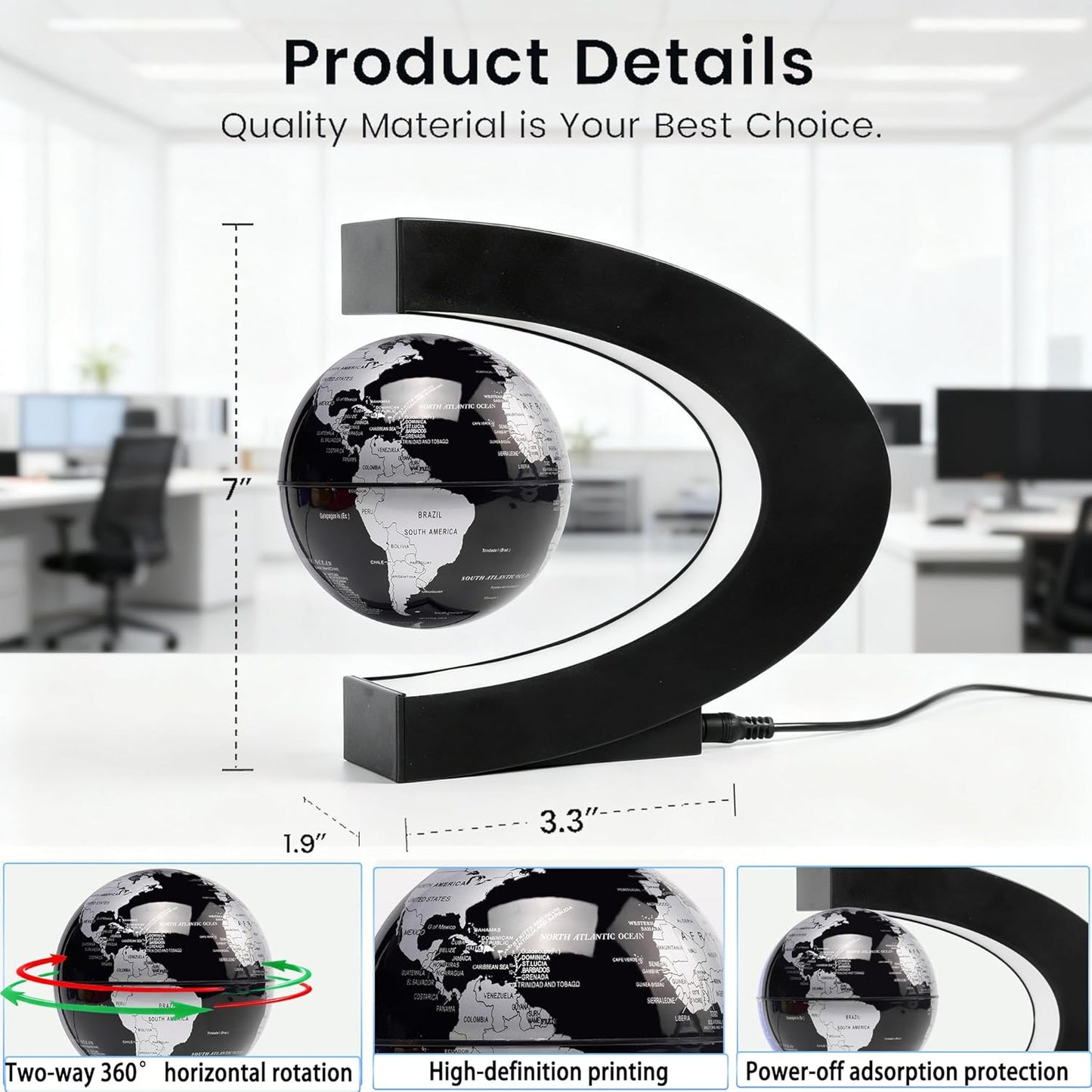 Magnetic Levitation Floating Rotating World Globe with LED Light - C Shape Anti Gravity Levitating Globe for Desk Office Decor, STEM Educational Map, Unique Tech Gift for Men Kids Boss, 3.5 Inches