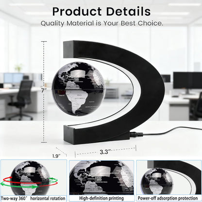 Magnetic Levitation Floating Rotating World Globe with LED Light - C Shape Anti Gravity Levitating Globe for Desk Office Decor, STEM Educational Map, Unique Tech Gift for Men Kids Boss, 3.5 Inches