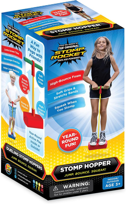Dueling Stomp Hopper Pogo Stick - Jump, Bounce & Squeak Foam POGO Jumper for Kids - Toddler Pogo Stick with Soft Grips & Stretchy Bands - STEM Indoor & Outdoor Toys for 3-5 Year Olds