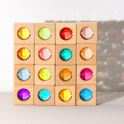 16 Pcs Acrylic Wooden Gem Blocks Sparkling Translucent Cubes Stacking Toys Wooden Cubes Blocks with Colorful Acrylic Open Ended Play Montessori Educational Toys (Round)