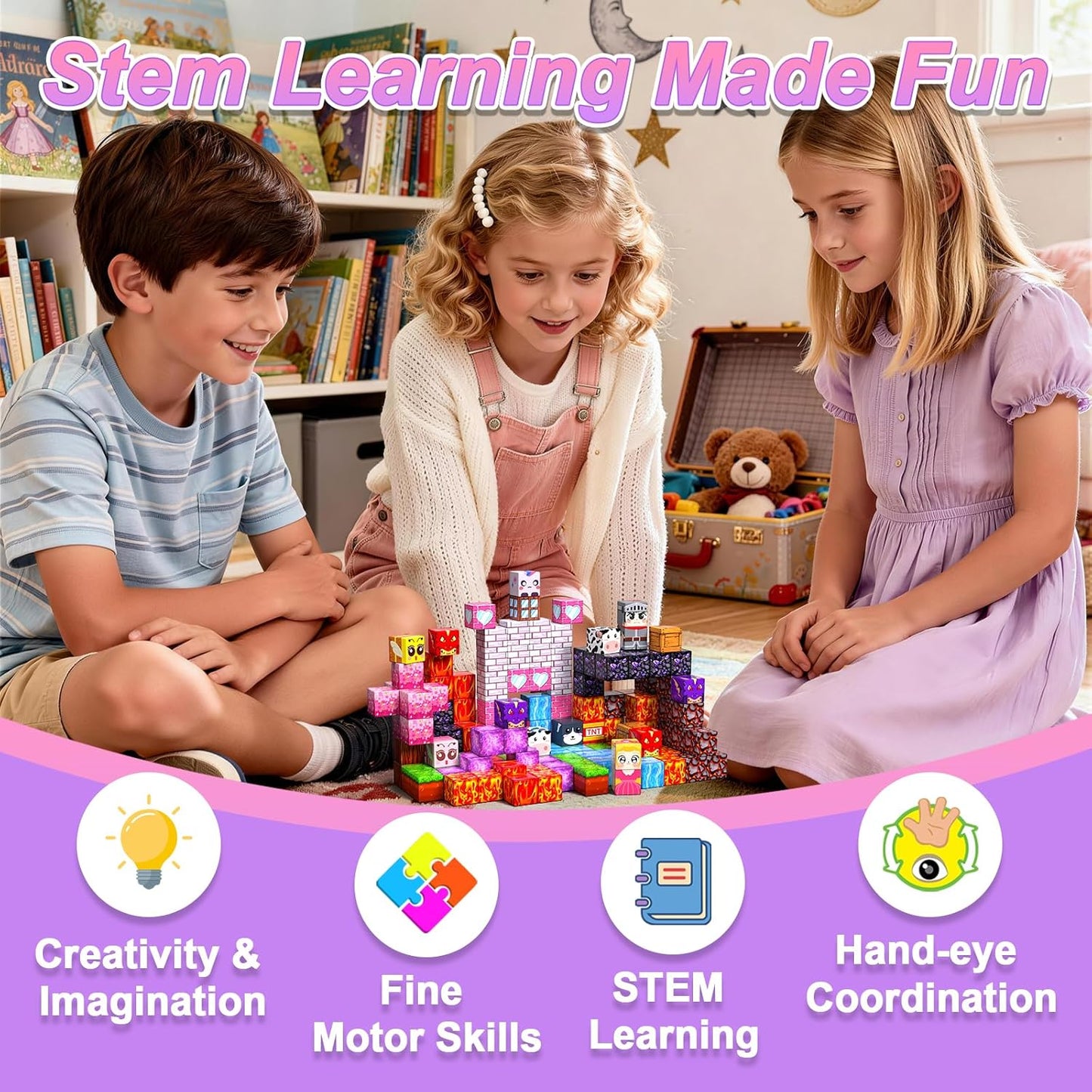 Magnetic Blocks, 150PCS Magnetic Building Blocks, Stacking Magnets for Kids, Sensory Toy for STEM Constructions Magnet Blocks for Girls Age 3+, Christmas Birthday Gifts (Snow Castle)