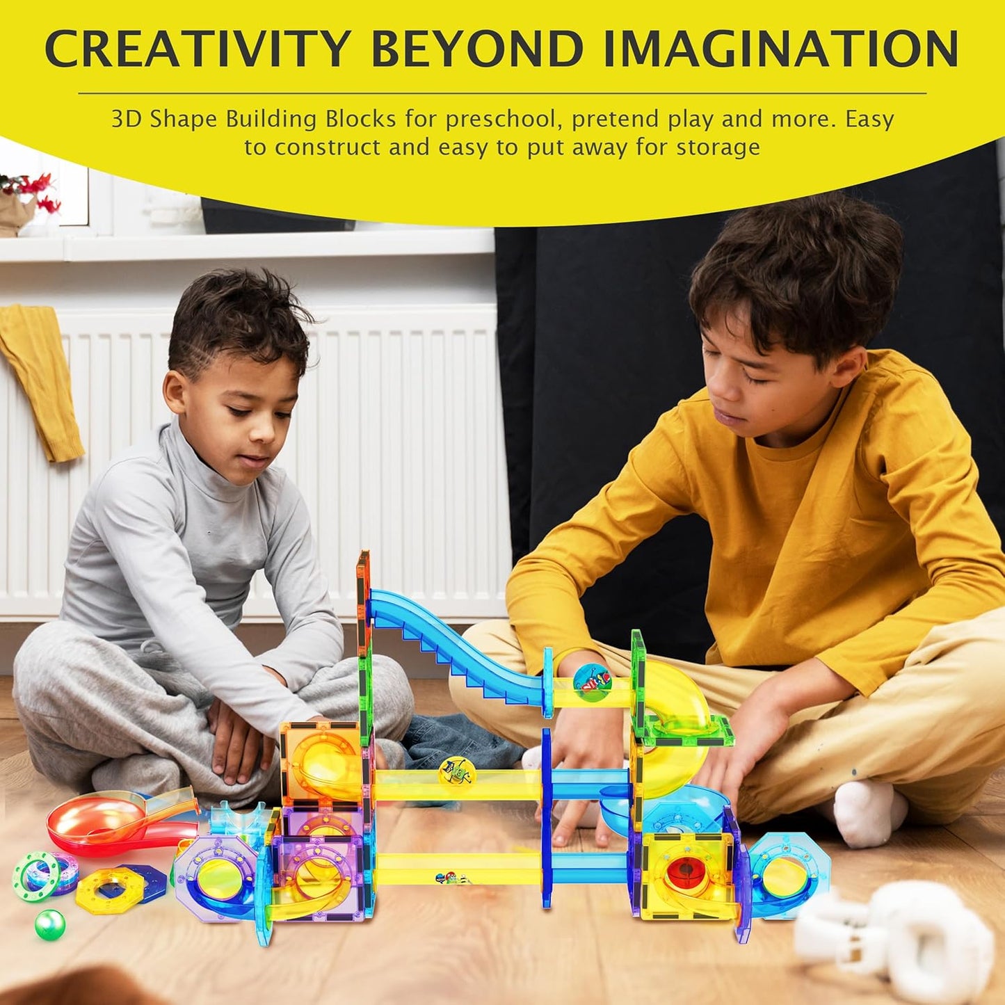 PicassoTiles 70pc Marble Run Magnetic Tiles STEM Set for Kids Ages 3 and Older Magnet Tile Marbles Maze Building Blocks Brain Development Toy Preschool Educational Learning Construction Playset PTG70