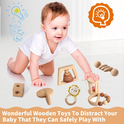 Wooden Rattles for Baby, 7PCS Wooden Montessori Toys for 7-24 Months Baby Boy Girl, Natural Beech Wood Grasping Toy, Gift for Babies