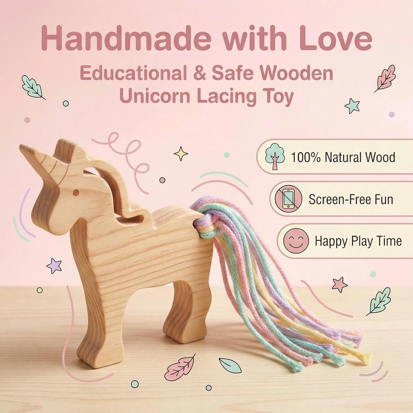 Eray Wooden Unicorn Lacing Montessori braiding Toys for Kids DIY Toy Plane Activities Car Travel Toy Educational Learning Threading for Fine Motor Skills