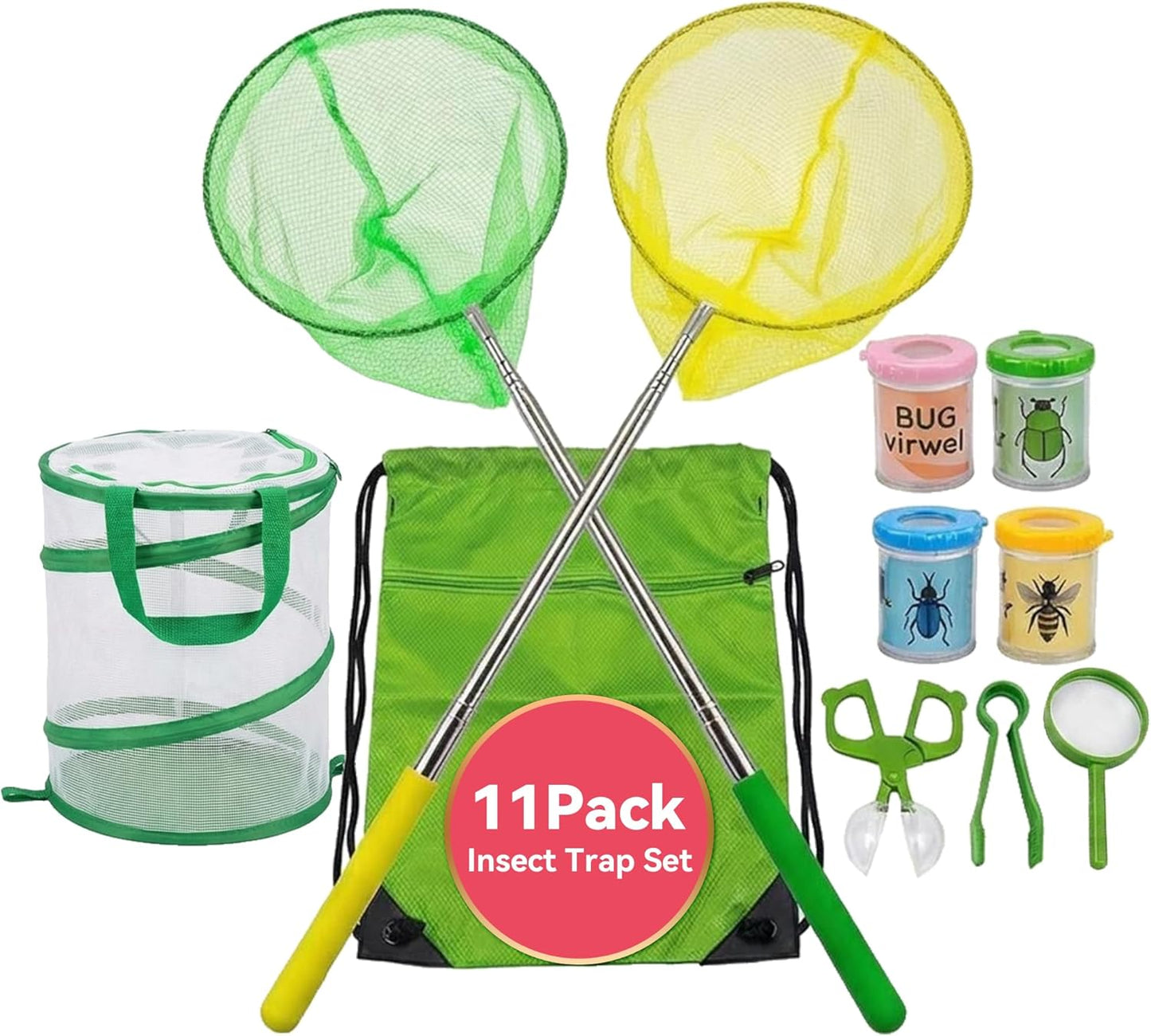 11Pack Bug Catcher for Kids, Bug Catching Kit with Extendable Bug Net, Butterfly Net, Collection Boxes, Butterfly Cage, Backpack, Outdoor Explorer Adventure Set for Boys Girls Ages 4-12