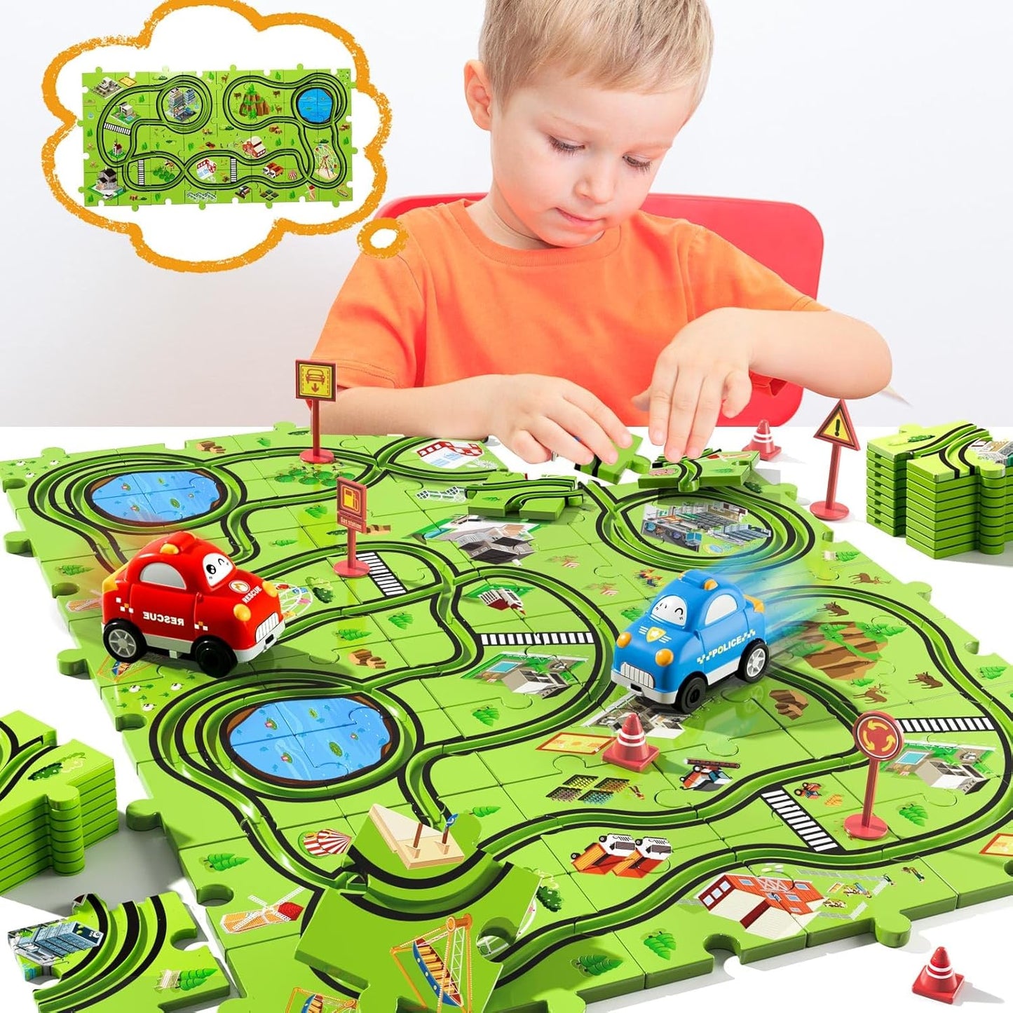 Beby Buty 64PCS Puzzle Track Car Set Toys for Kids Boys, Toddler Toys Gifts for 3 4 5 Year Old, Floor Puzzle Tracks Car for Boys Ages 3-5 4-6, for 3 4 5 6 Year Old