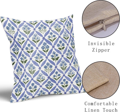 Blue Green Floral Block Print Pillow Covers 12X20 Set of 2, Flower Pattern Spring Summer Print Decorative Throw Pillow Covers Outdoor Farmhouse Seasonal Cushion Case Couch Sofa Bed Decor