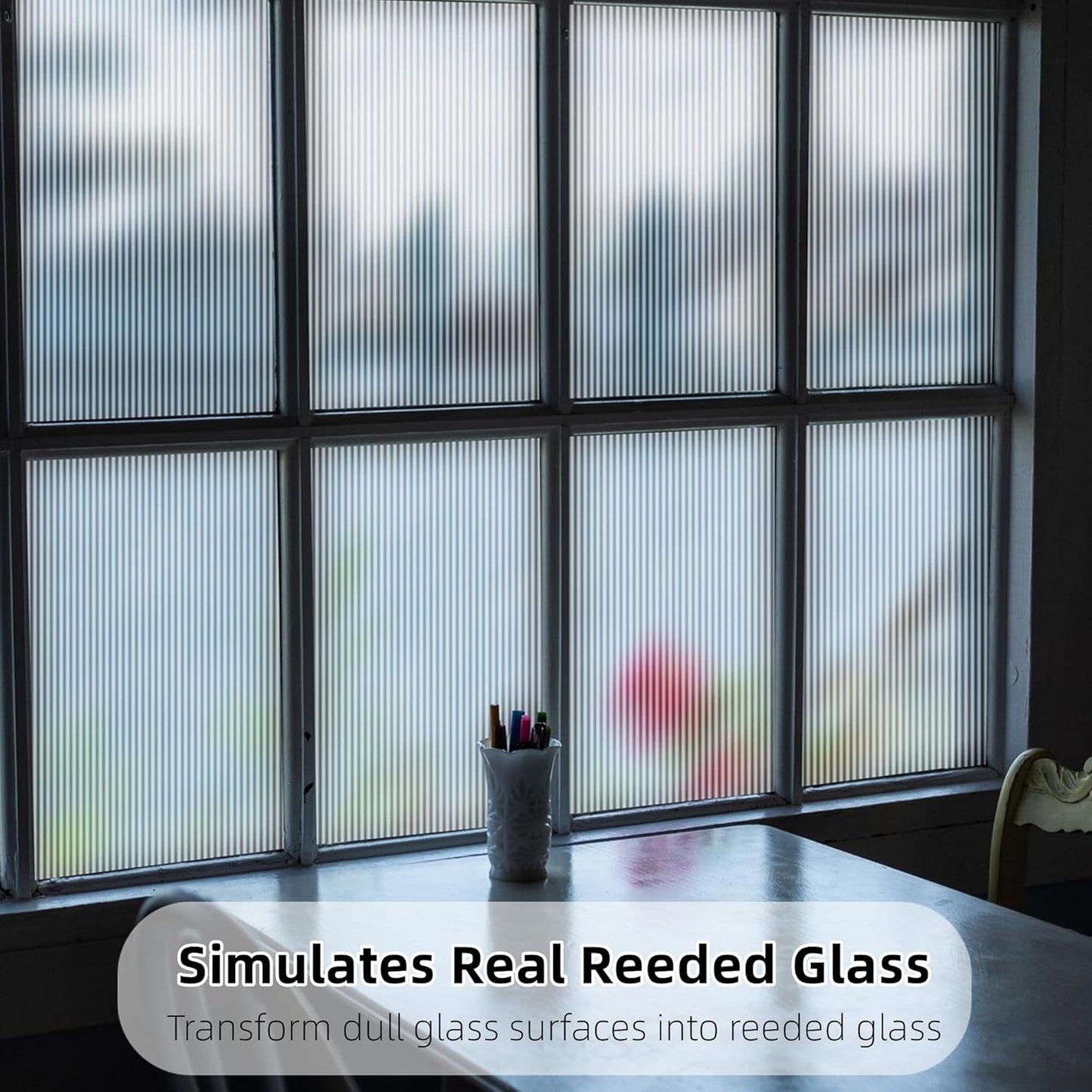VELIMAX Reeded Glass Privacy Film, Frosted Window Vinyl, 3D Decorative Window Decals Non Adhesive for Bathroom & Living Room, 17.7x118 inches