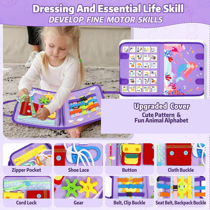 Esjay Toddler Busy Board, Montessori Toys Busy Book, Sensory Board Birthday Gifts for 3+ Years Old Girls Boys, Learning Educational Toy for Fine Motor Skills, Travel Activities for Airplane Car