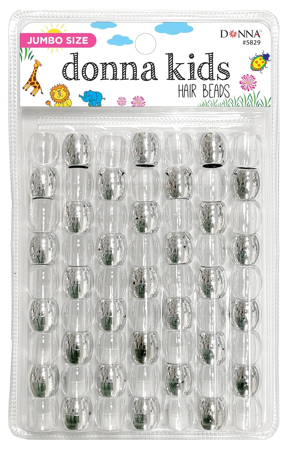 Donna Kids Jumbo Pony Beads 15mm Silver, Clear – Large Hair Beads for Braids, Ponytails & Styling, Durable Soft Rubber Feel for Kids’ DIY Hair Accessories, Bracelet & Craft Use, 1 Pack