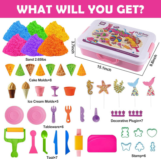 Cake & Ice Cream Sensory Bin Toy, Play Sand Box Toys with 2.65lbs Colored Sand, 21 Molds, 7 Tools, 7 Decorative Plug-in and 6 Tableware, Pretend Play Sandbox Art Kits, Beach Toys for Kids Ages 3-8