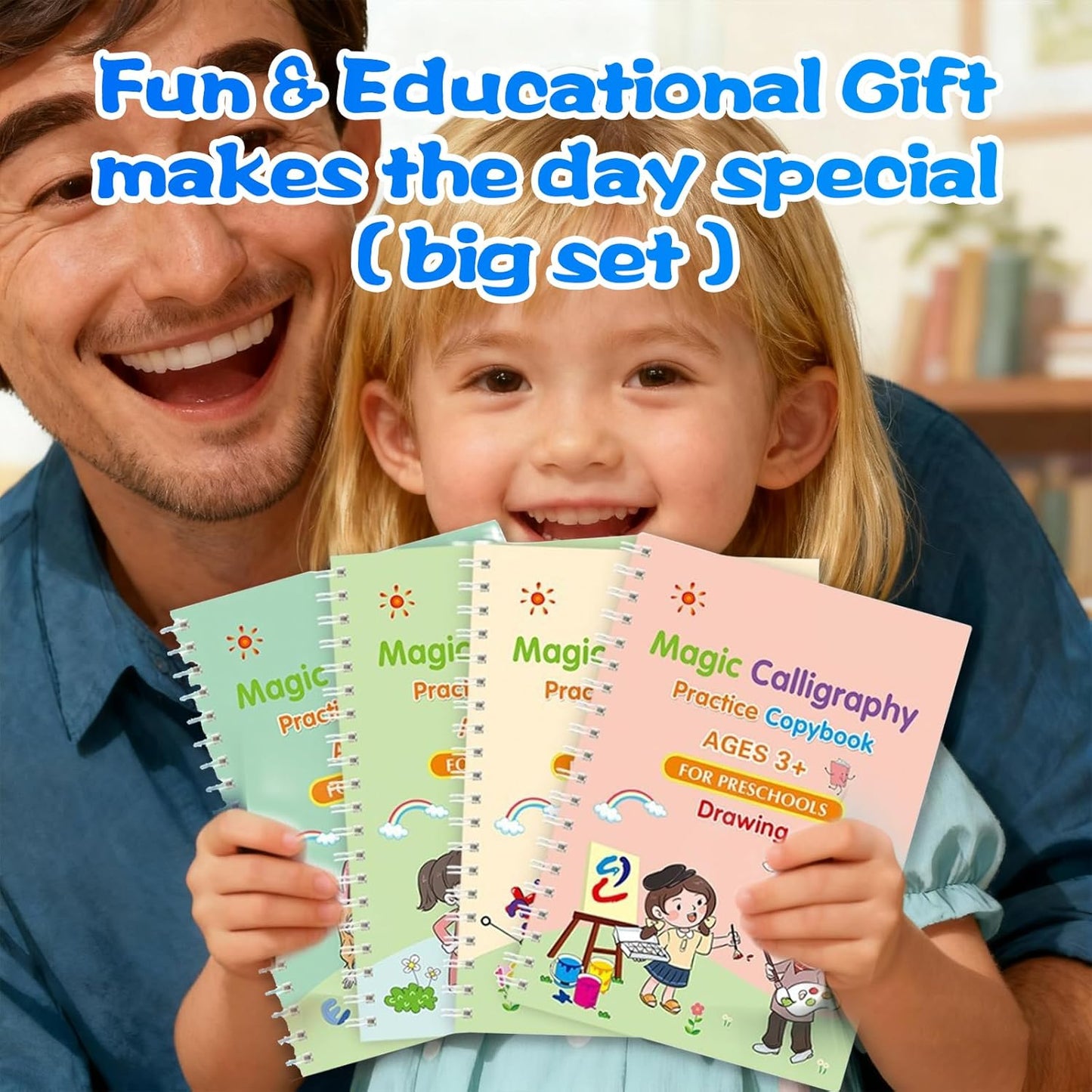 4 Magic Grooved Writing Practice for Kids - English Pre K Tracing Practice Book, Reusable Preschool Handwriting Workbooks Without Tears, 4-Theme Copybooks with Pen Refill for Age 3-10 (English, Small)