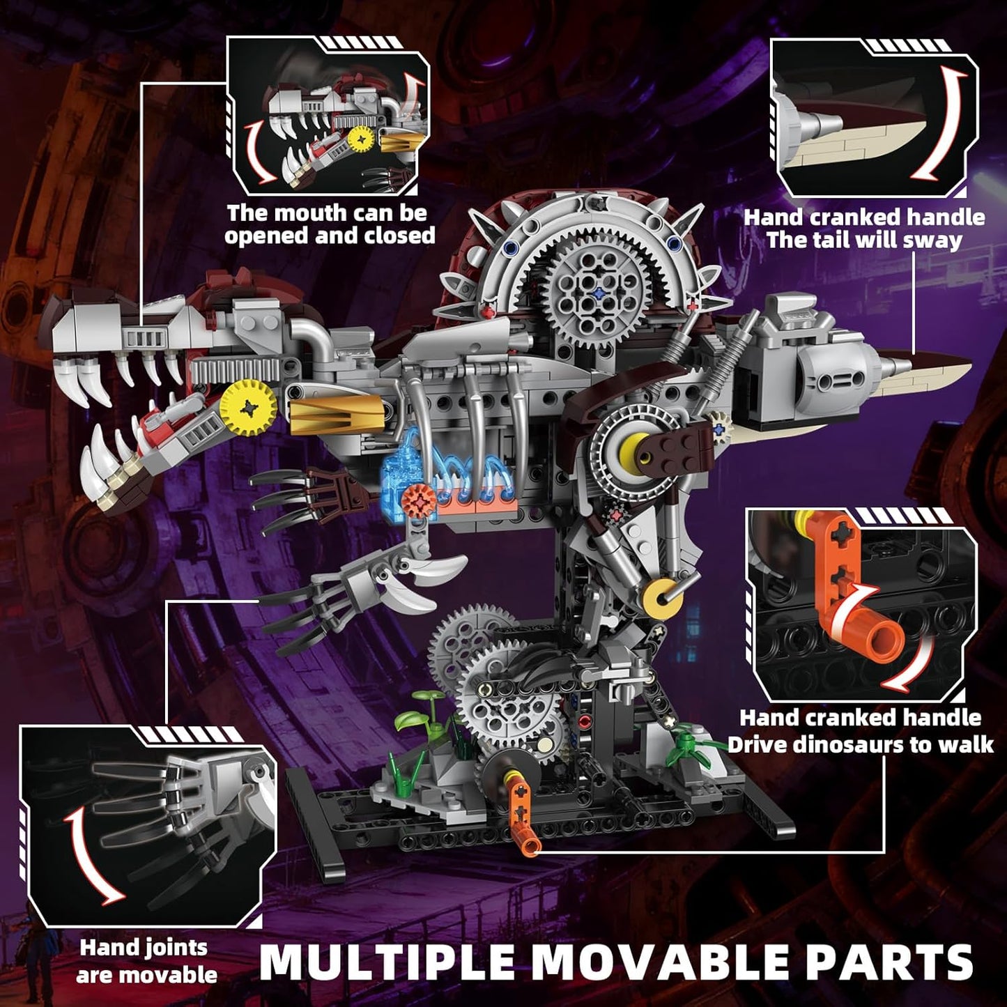 Mechanical T-Rex Dinosaur Building Set with Lights, Rotatable Components & Display Stand, STEM Building Toy for Boys 8-14, Home Office Decor for Adults, Mechanical Enthusiasts (730PCS)