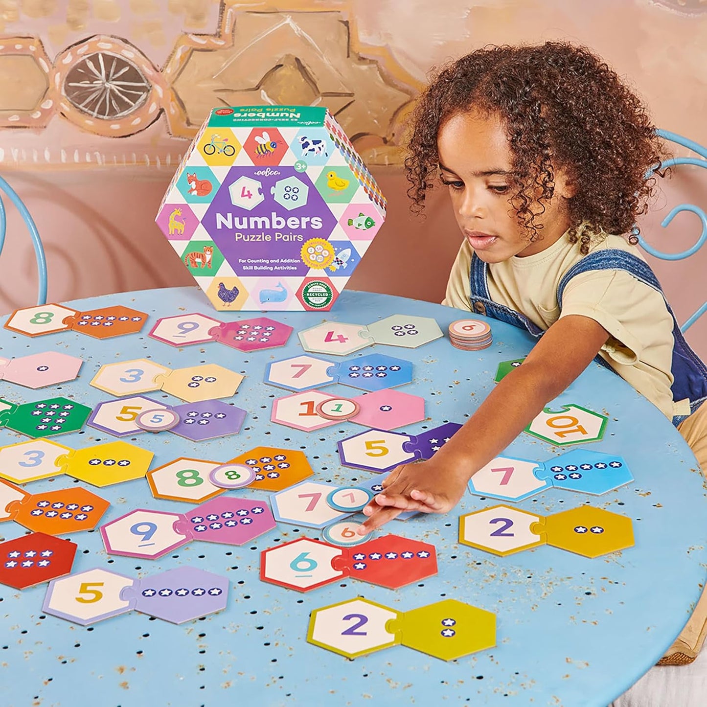 eeBoo Hexagon Puzzle Pairs - Rhyming Words, 33 Self-Correcting Pairs, Match Sounds to Images, Pre-Reading Activity for Preschool Kids Ages 3 and up