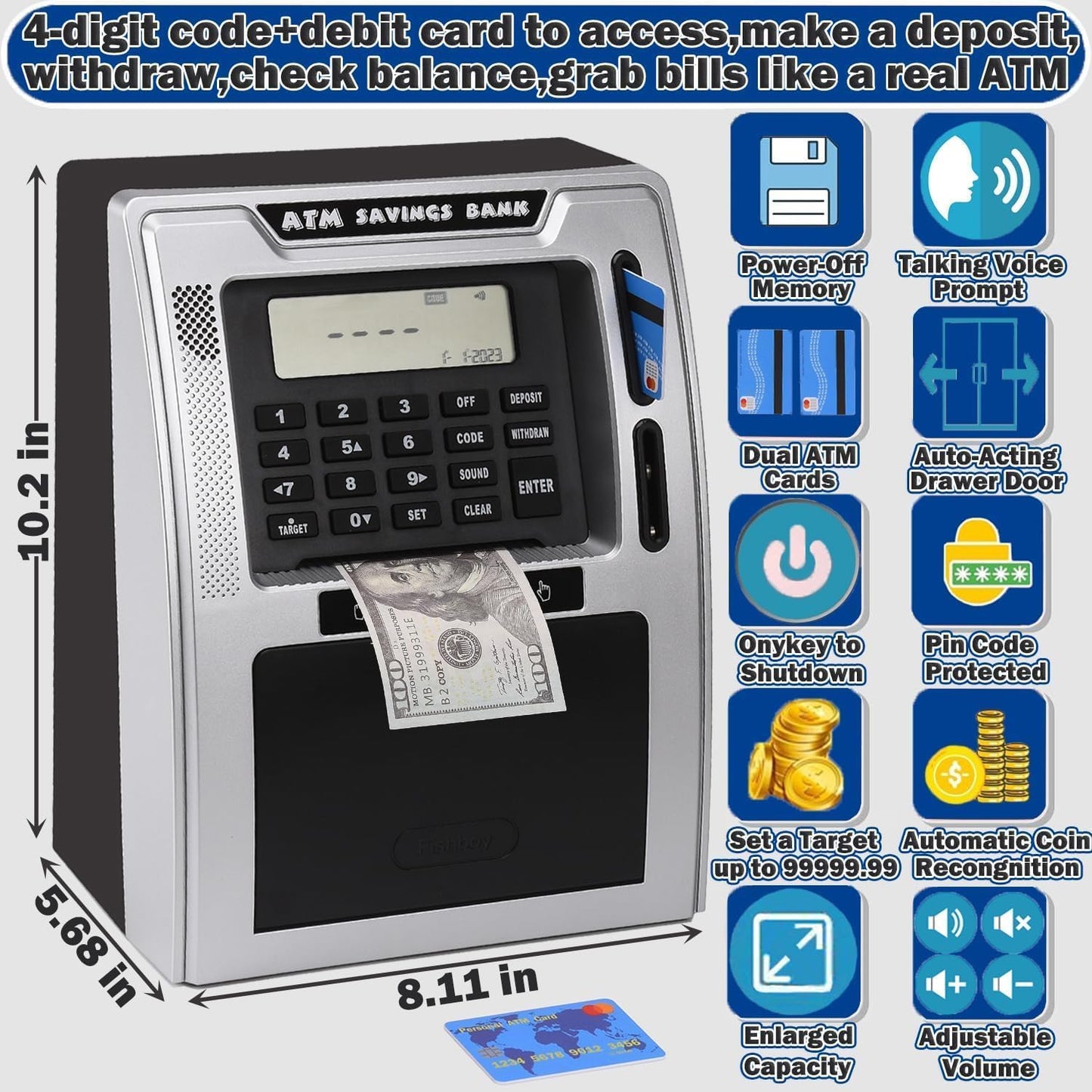 Fishboy Talking Pink ATM Piggy Bank for Kids with Dual Debit Cards, Power-Off Memory, Auto-Opening Drawer for Real Money for Girls, Onekey Shutdown, Bill Feeder, Coin Recognition, Balance Calculator