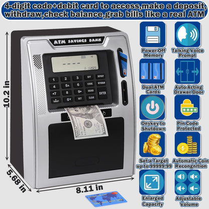 Fishboy Talking Pink ATM Piggy Bank for Kids with Dual Debit Cards, Power-Off Memory, Auto-Opening Drawer for Real Money for Girls, Onekey Shutdown, Bill Feeder, Coin Recognition, Balance Calculator