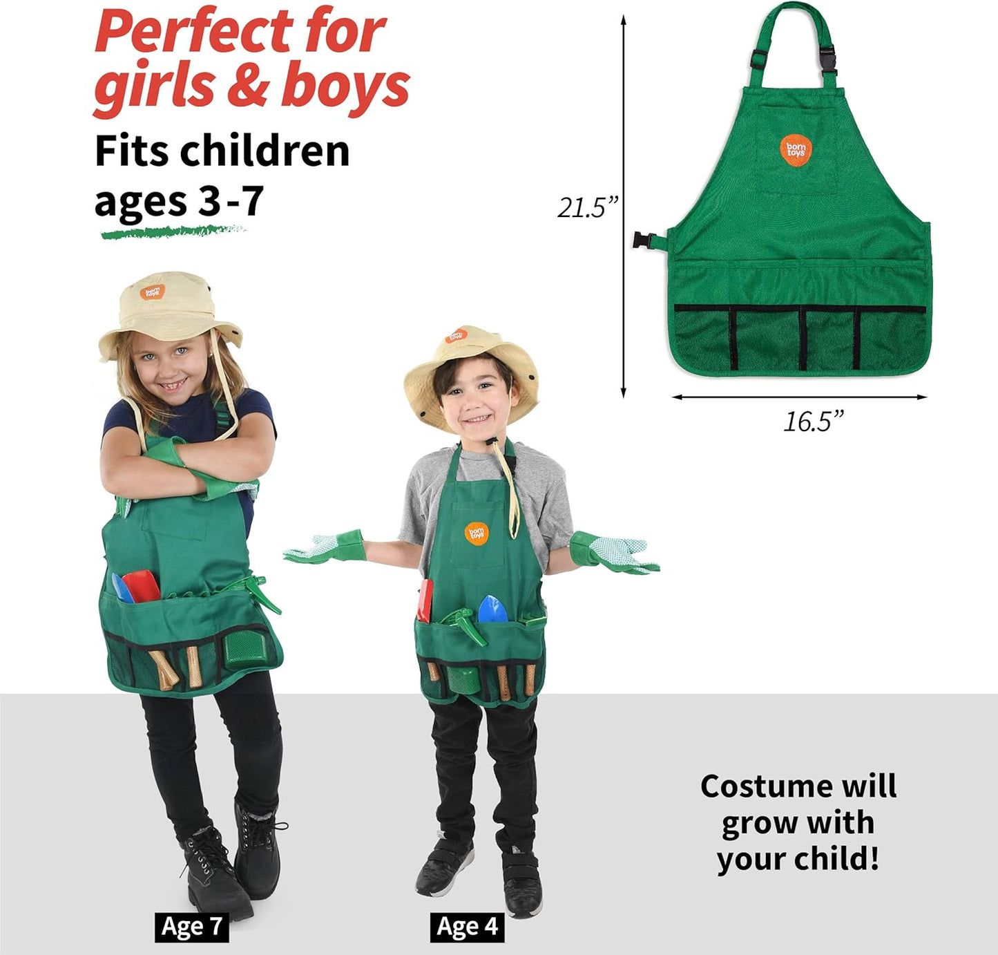 Born Toys Kids Garden Set for Boys & Girls Ages 3-7, Toddler Gardening Kit with Kids Gardening Tools - Gardening Apron, Gloves, Hat, Working Spray Bottle, Trowel Shovel & Rake, Outdoor Activity Toys