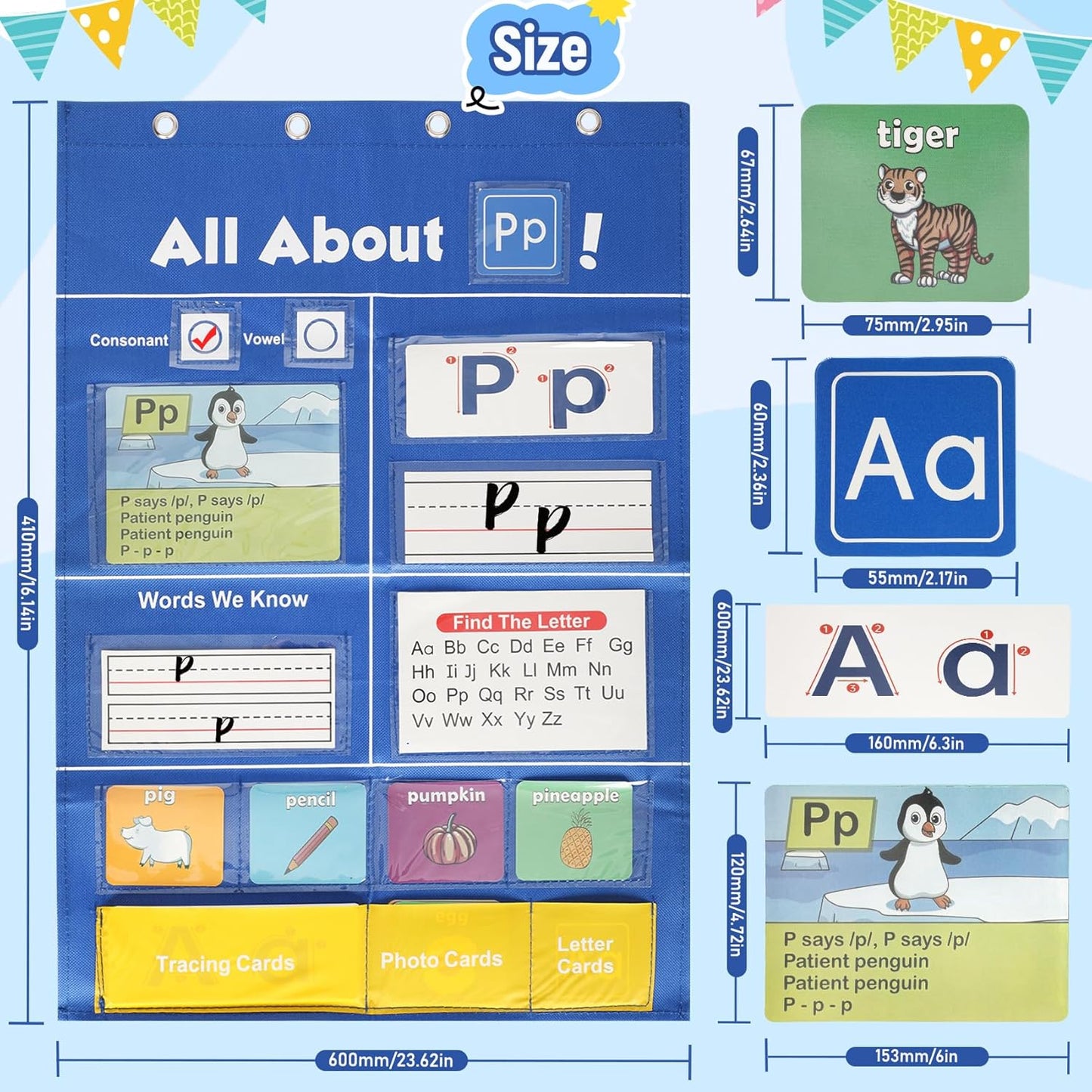 Alphabet Learning Pocket Chart, All About Letter Pocket Chart, ABC Letter Tracing & Sound Recognition Activity Wall Chart for Toddlers, Preschool & Homeschool Classroom Must Haves
