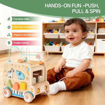 Pithfor Wooden Pull Along Activity Cube Toys, Montessori Toys for 1 2 3 Year Old Baby Toddlers, Baby Activity Cube for 1 Year Old, 1st First Birthday Gift