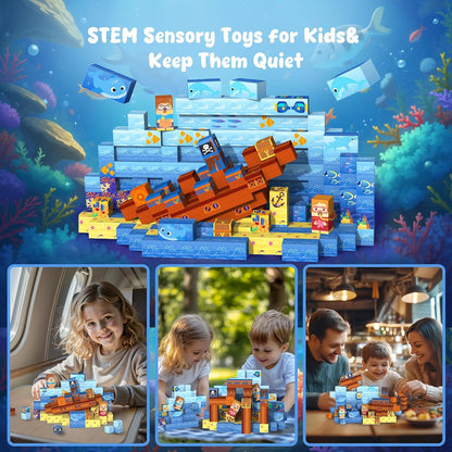 Magnetic Tiles Race Track Set, 52PCS STEM Educational Magnetic Building Blocks with 2 Race Cars, Montessori Sensory Travel Toys for Kids 3 4 5 6 7 8, Birthday for Boys & Girls