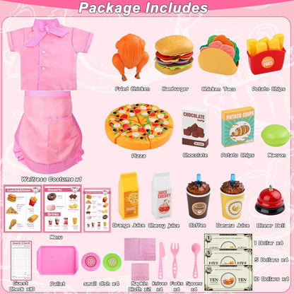 Restaurant Playsets for Kids - Waitress Role Play Costume Set for Girls, 60 Pieces Food Playset with Girls Apron, Diner Playset for Kids, Play Restaurant, Pretend Restaurant Playset for Kids Age 3+