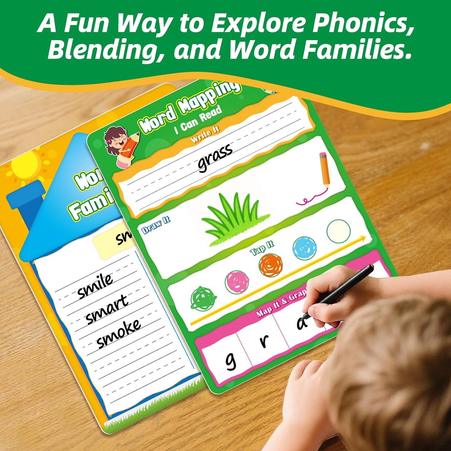 12 Packs Word Families Read and Rhyme Phonemic Awareness Dry Erase Board, Speech Therapy Phonics Games Flash Cards, Elkonin Boxes Science of Reading Spelling Manipulatives Classroom Must Have